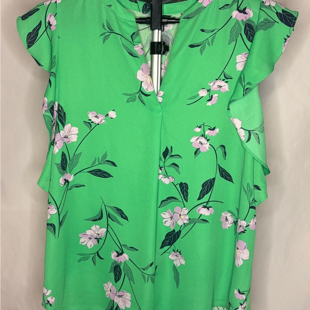 Ann Taylor Green Floral Ruffle-Sleeve Blouse | XS | Chic & Feminine 💁🏼♀️